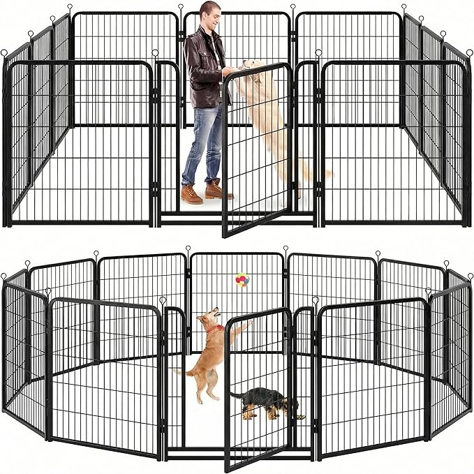 Kfvigoho Dog Playpen Outdoor Extra Wide 12 Piece Panels Heavy Duty Anti-Rust Coating-Strengthened Dog Fence 40" Height with Doors Portable for RV Camping Yard, Total 32FT, 79 Sq.ft, Snowy Black