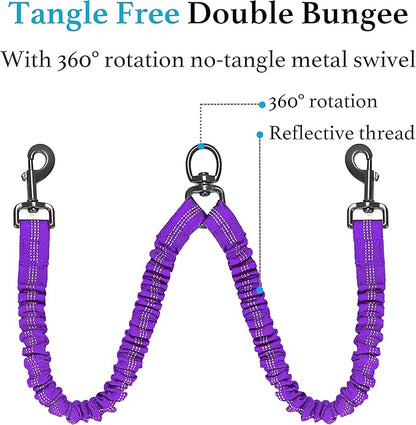 iYoShop Dual Dog Leash - 360° Swivel, No Tangle Walking Leash with Shock Absorbing Bungee for Two Dogs (Large, 25-150 lbs, Purple)