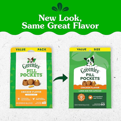 Greenies Pill Pockets for Dogs Large Size, Dog Treat Pouch for Capsule Medication, Chicken Flavor, 15.8 oz. Pouch