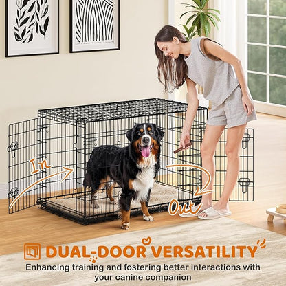 Yaheetech 48 inch Double Door Dog Crate w/Divider for Puppy to Adult Large Collapsible Metal Crate with Removable Tray XXL Wire Dog Kennel Pet Crate for Dogs Portable Travel Cage, Black