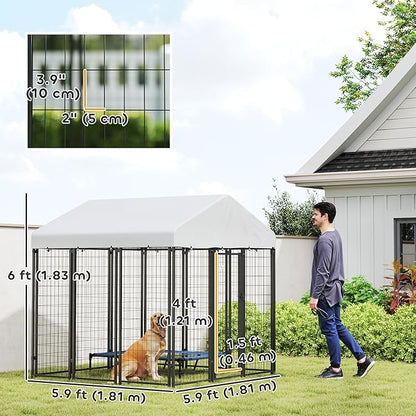 PawHut Outdoor Dog Kennel with Roof, 6' x 6' x 6' Heavy Duty Welded Wire Dog Playpen Enclosure with Escape-Proof Lock, UV-Resistant & Waterproof Cover, for Large Dogs, Chickens, Ducks, Silver