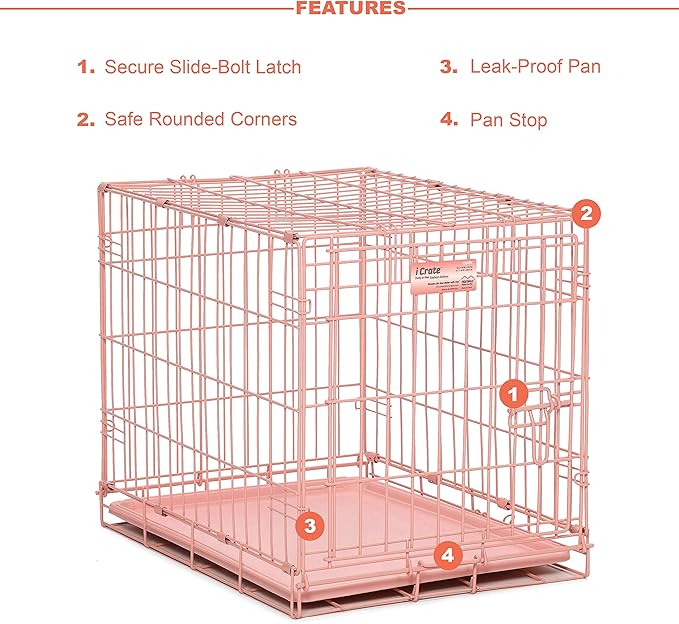 MidWest Homes for Pets 24-Inch Pink Fashion iCrate for Small Breeds, 12-20 lbs, Single Door Folding Dog Crate with Divider Panel, Leak-Proof Tray & Secure Latch, Portable, Durable & Easy to Assemble