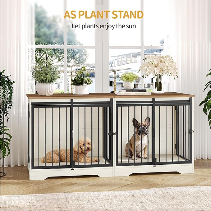 Hzuaneri 54" Dog Crate Furniture for 2 Dogs, Double Dog Cage with Divider, Wooden Heavy Duty Dogs Kennel, Pet Cage with Barn Door, TV Stand for Large Small Medium Pet, White Brown DFC88314B