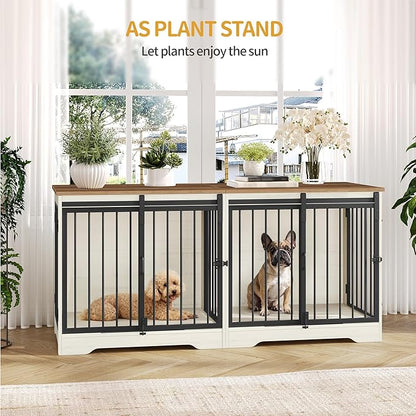 Hzuaneri 54" Dog Crate Furniture for 2 Dogs, Double Dog Cage with Divider, Wooden Heavy Duty Dogs Kennel, Pet Cage with Barn Door, TV Stand for Large Small Medium Pet, White Brown DFC88314B