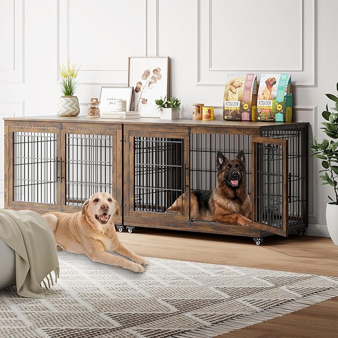 YaFiti Dog Crate Furniture with Cushion Set of 2, Wooden Dog Kennel Indoor with Double Doors, Dog Cage with Wheels, Dog House Side End Table for Large Dogs up to 85 lb, 44" L, Rustic Brown