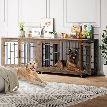 YaFiti Dog Crate Furniture with Cushion Set of 2, Wooden Dog Kennel Indoor with Double Doors, Dog Cage with Wheels, Dog House Side End Table for Large Dogs up to 85 lb, 44" L, Rustic Brown