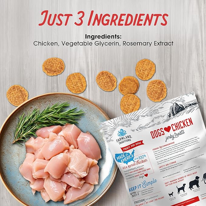 Farmland Traditions Dogs Love Chicken Jerky Dog Treats with Only 3 Ingredients and No Fillers, 6 Ounce Bag