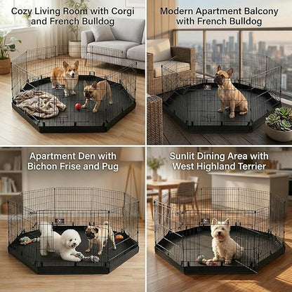PJYuCien Dog Playpen with Bottom Pad - Metal Foldable Exercise Pen, 8 Panels 30" H x 24" W Indoor Outdoor Pet Fence Puppy Crate Kennel, Black