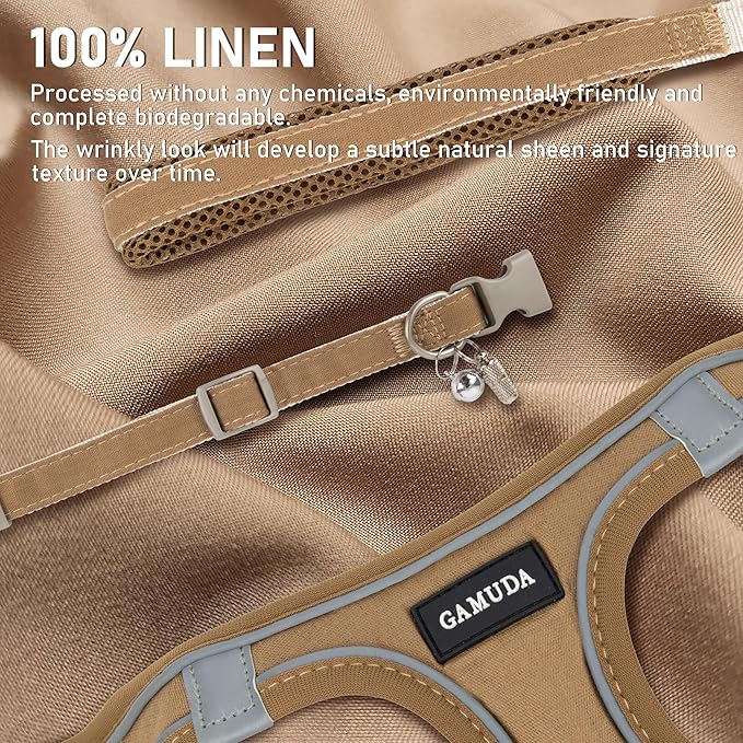 GAMUDA Small Pet Harness Collar and Leash Set, Step in No Chock No Pull Linen Fabric Soft Mesh Dog Vest Harnesses Reflective for Dogs Puppy Cats Kitten Rabbit (Brown, XS)