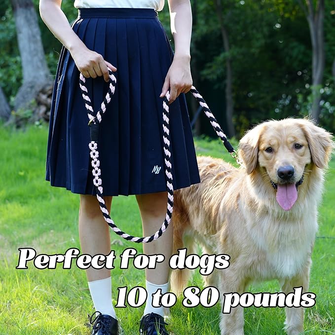 Handmade 5ft Braided Cotton Dog Leash with Unique Floral Handle, Durable and Stylish, Ideal for Small to Large Dogs, Black & Pink Color