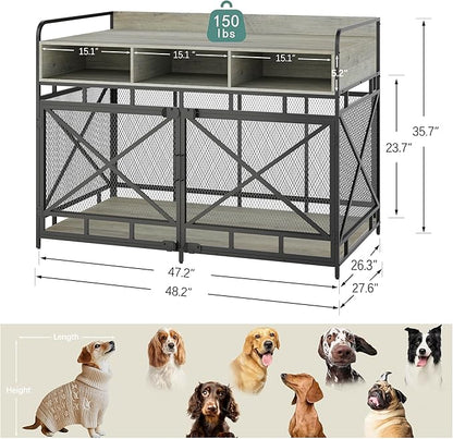 Fulhope Dog Crate Furniture, 48" Heavy Duty Wooden Dog Crate End Table, XL Dog Kennel Furniture Large Breed, Decorative Dog Kennel Indoor with 3 Drawers & Steel Tubes 48" L x28 W x36 H (Grey)