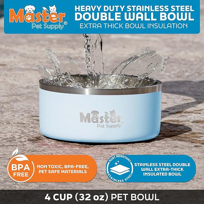 Master Pet Supply Stainless Steel Dog Bowls - 32 oz, Heavy Duty - Glacier Blue, Double Wall Extra-Thick Insulated, Non-Slip Pet Water Bowl for Dogs, Cats & Pets, Anti Rust Metal, Dish Washer Safe