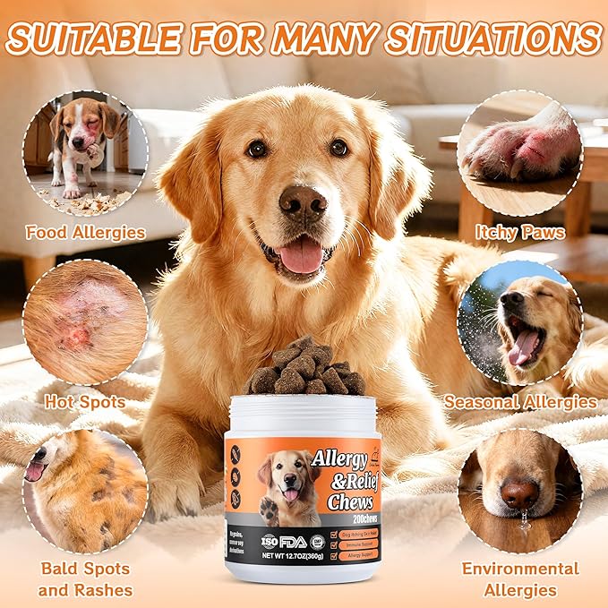 Dog Allergy Chews 200PCS – Supports Skin & Coat Health – Helps Reduce Mild Itching & Scratching – Immune & Allergy Support – with Probiotics & Borage Oil