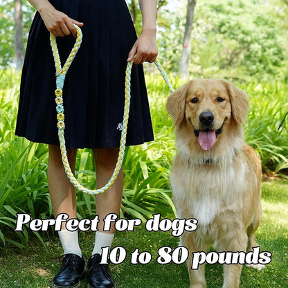Handmade 5ft Braided Cotton Dog Leash with Unique Floral Handle, Durable and Stylish, Ideal for Small to Large Dogs, Blue & Yellow Twist