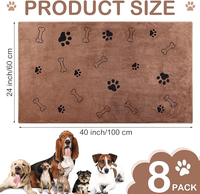 Chumia 8 Pcs Dog Towels for Drying Dogs Cats Pet Towels Bulk Puppy Microfiber Fast Drying Paw Bath Bathing Supplies Absorbent for Medium Pets(40 x 24 Inch,Dog Paw and Bone,Coffee)