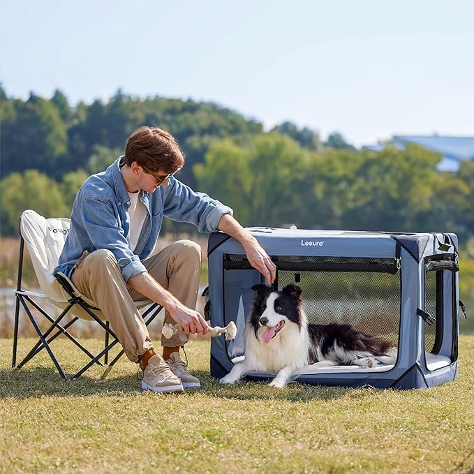 Lesure Collapsible Dog Crate - Portable Travel Kennel for Large Dog, 4-Door Pet Crate with Mesh Windows, Indoor & Outdoor, Blue