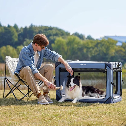 Lesure Collapsible Dog Crate - Portable Travel Kennel for Large Dog, 4-Door Pet Crate with Mesh Windows, Indoor & Outdoor, Blue