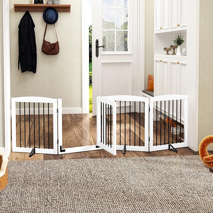 PUPETPO Freestanding Dog Gate with Door, Pet Gate for Stairs, 80 inch Wide Pet Barrier Indoor, Dog Fences Indoor, Support Feet Included, 4 Panels, 24" Tall, White & Black
