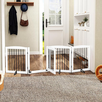 PUPETPO Freestanding Dog Gate with Door, Pet Gate for Stairs, 80 inch Wide Pet Barrier Indoor, Dog Fences Indoor, Support Feet Included, 4 Panels, 24" Tall, White & Black