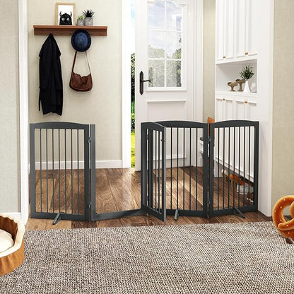 PUPETPO Freestanding Dog Gates with Door Walk Through, Pet Gate for Stairs, 80 inch Wide Gates Indoor, Dog Fences Indoor, Support Feet Included, 4 Panels, 32" Tall, Grey
