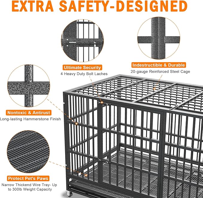 BOLDBONE 48 inch Heavy Duty Indestructible and Escape-Proof Dog Crate Cage Kennel for Large Dogs, High Anxiety Dog Crate with Removable Wire Trays and Wheels, Extra Large XL XXL, Black