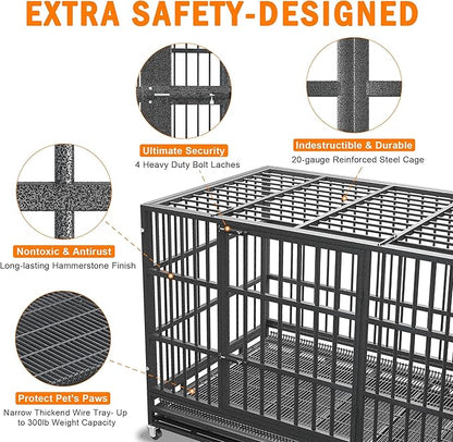BOLDBONE 38 inch Heavy Duty Indestructible and Escape-Proof Dog Crate Cage Kennel for Large Dogs, High Anxiety Dog Crate with Removable Wire Trays and Wheels, Extra Large XL XXL, Black