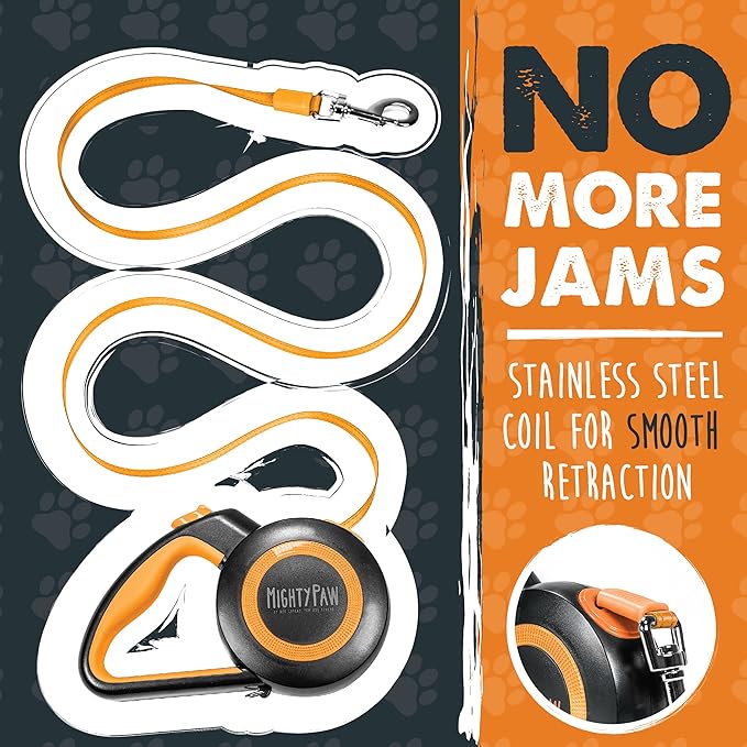 Mighty Paw Retractable Dog Leash 2.0 - Auto-Locking Button for The Control When You Need - Stainless Steel Coil for Smooth Retraction - Super Reflective Ring for Nighttime Visibility - No More Tangle