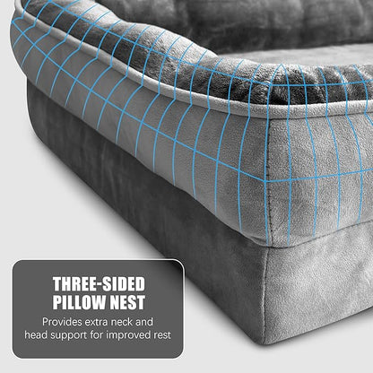 Orthopedic Dog Bed with Sides - Dog Sofa Beds for Extra Large Dogs, Supportive Foam Pet Couch Bed with Washable Removable Cover, Waterproof Lining and Non-Slip Bottom, Grey - XL