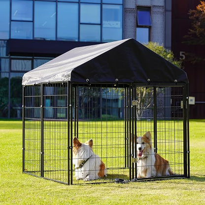 Outdoor Dog Kennel Steel Ideal Dog Fence for Small Dogs Anti-Rust Coating Cage with Roof All Weather Resistant Dog House with Double Locks(4.2'L x 4'W x 4.5'H)