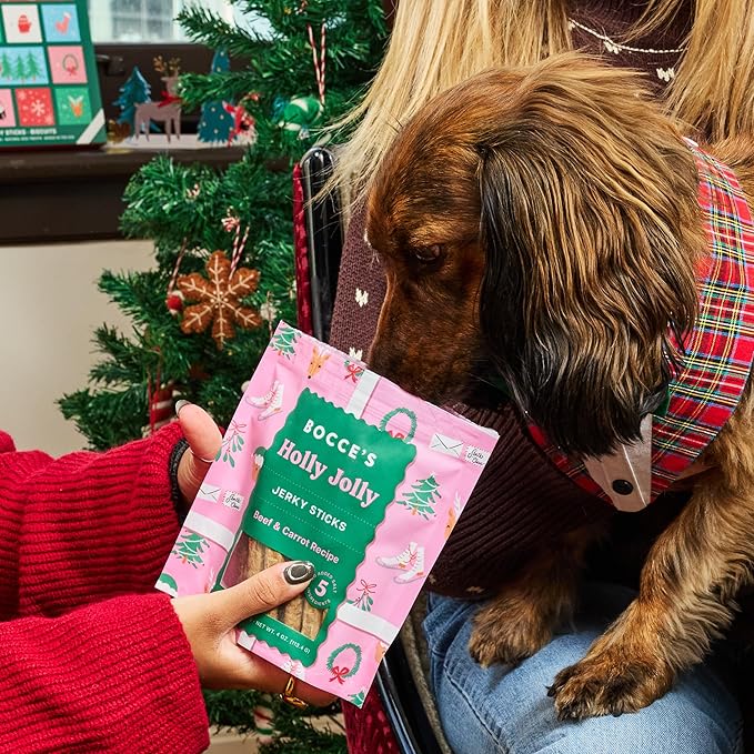 Bocce's Bakery Holly Jolly Holiday Flavor Jerky Stick Dog Treats - No Added Salt or Sugar, Natural & High-Protein - Wheat-Free, Made with Limited-Ingredients & Baked in The USA, 4 oz