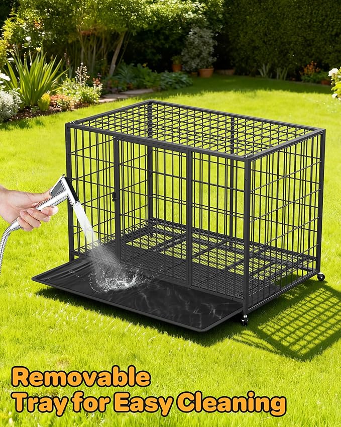 HIWOKK 48 Inch Large Dog Crate, Escape Proof Dog Cage with Dual Door Lock and Swivel Casters,Removable Tray for Easy Cleaning, Dog Kennel Indoor Outdoor Use