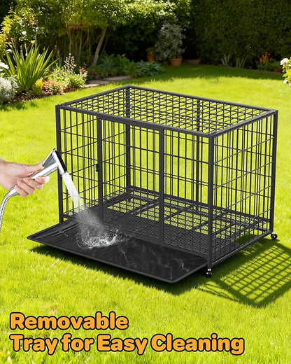 HIWOKK 48 Inch Large Dog Crate, Escape Proof Dog Cage with Dual Door Lock and Swivel Casters,Removable Tray for Easy Cleaning, Dog Kennel Indoor Outdoor Use