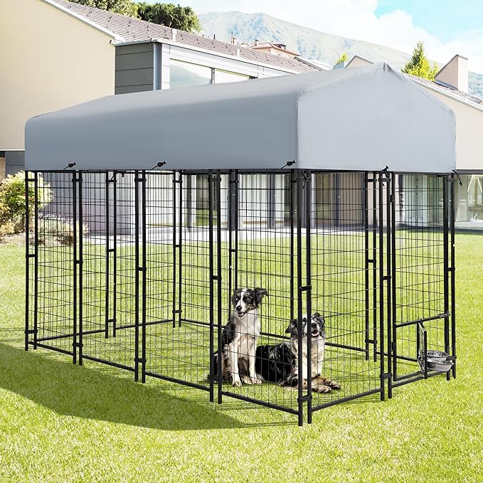 Outdoor Heavy Duty Large Dog Kennel Playpen - 8x4x6 Ft Welded Wire Steel Dog Run Enclosure Crate Cage with UV-Resistant Roof and Secure Lock for Chicken, Rabbit, Fox in Yard Patio Lawn
