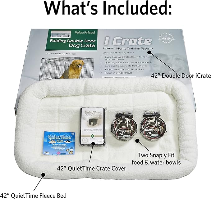 MidWest Homes for Pets Double Door iCrate Starter Kit, 42-inch Dog Crate Bundle for Large Dogs, Includes Cage, Pet Bed, 2 Bowls and Privacy Cover