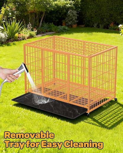 HIWOKK 48 Inch Large Dog Crate, Escape Proof Dog Cage with Dual Door Lock and Swivel Casters,Removable Tray for Easy Cleaning, Dog Kennel Indoor Outdoor Use