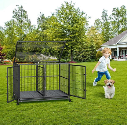 Heavy Duty Dog Crate, 48 Inches Large Metal Dog Kennel with Flexible Divider, 2 Door Pet Cage with Removable Tray and Wheels for Small Medium Large Pets