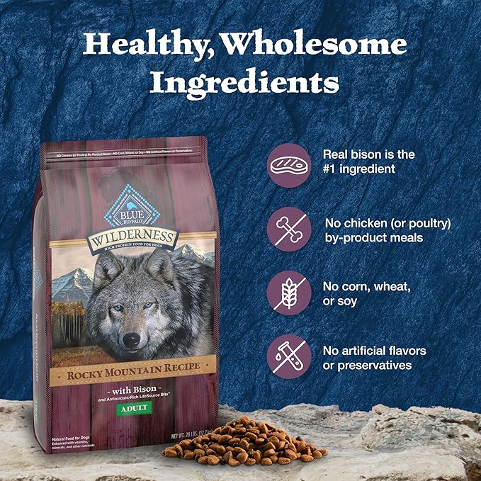 Blue Buffalo Wilderness Rocky Mountain Recipe High-Protein Adult Dry Dog Food, Made in The USA with Natural Ingredients Plus Wholesome Grains, Bison, 22-lb. Bag