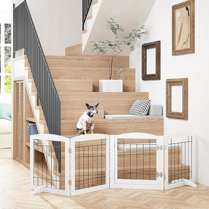PAWLAND Freestanding Dog gate with Walk Through Door, Dog Gates for Doorways, The House, Stairs, 80" Wide Pet Puppy Safety Fence with Support Feet, 4 Panels, White