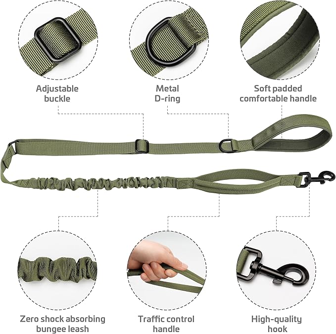 Forestpaw Tactical Dog Leash for Large Dogs,Heavy Duty Bungee Dog Leash with Shock Absorption,2 Padded Handles for Training Running Walking,Adjustable 4-5FT,Green