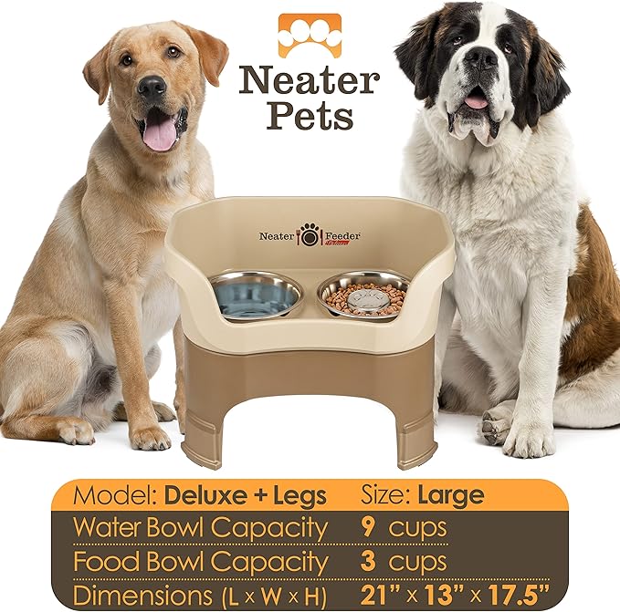 Neater Feeder Deluxe Mess-Proof Elevated Dog Bowls for Large Dogs (40+ lbs), 2 Height Adjustable (14.5” & 17.5”) No-Spill Raised Dog Bowl Stand w/Slow Feed Bowl for Food, Made in USA, Cappuccino