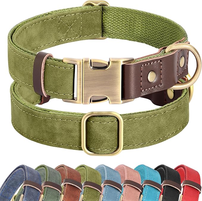 Didog Soft PU Leather Dog Collar for Large Dogs,Classic Adjustable Wide Dog Collars with Quick Release Metal Buckle,Easy Clean and Comfortable with Nylon Lining,Olive Green,XL Neck 20-27", Width 1¼"