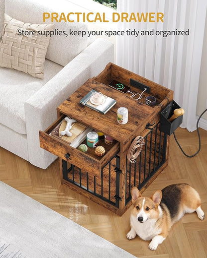 Hzuaneri 24.6'' Dog Crate Furniture with Charging Station, Dog Kennel Indoor with Flip-Top Storage, Wooden Pet Cage Dog House End Side Table for Small Dog Anti-Chew Anti-Escape, Rustic Brown DFC90101B