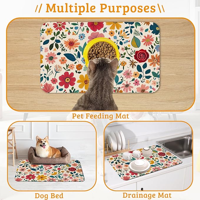Colorful Flower Feeding Mat,Groovy Wildflowers Absorbent Quick-Dry Cat Dog Food and Water Bowl Mats,Non-Slip Rubber Backing Mat,Cat Dog Accessories Supplies 12" x 20"