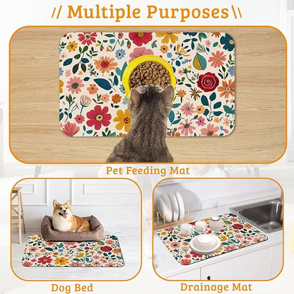 Colorful Flower Feeding Mat,Groovy Wildflowers Absorbent Quick-Dry Cat Dog Food and Water Bowl Mats,Non-Slip Rubber Backing Mat,Cat Dog Accessories Supplies 12" x 20"