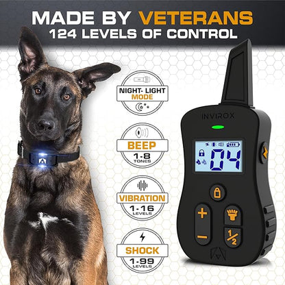 INVIROX Ultra K9 Dog Training Collar with Remote, 124 Levels for Reactive, Stubborn or Hard-to-Train Dogs, ¾ Mile Range, Night-Light Mode, Safe Communication, IP67 Waterproof E Collar for Large Dogs