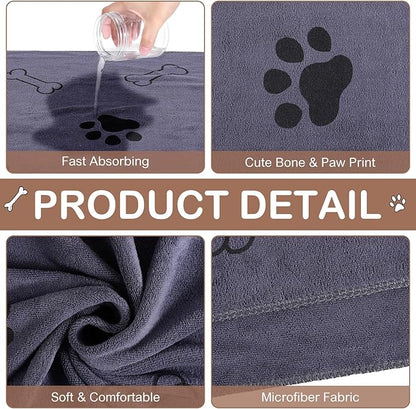 Chumia 8 Pcs Dog Towels for Drying Dogs Cats Pet Towels Bulk Puppy Microfiber Fast Drying Paw Bath Bathing Supplies Absorbent for Medium Pets(40 x 24 Inch,Dog Paw and Bone,Brown, Gray)