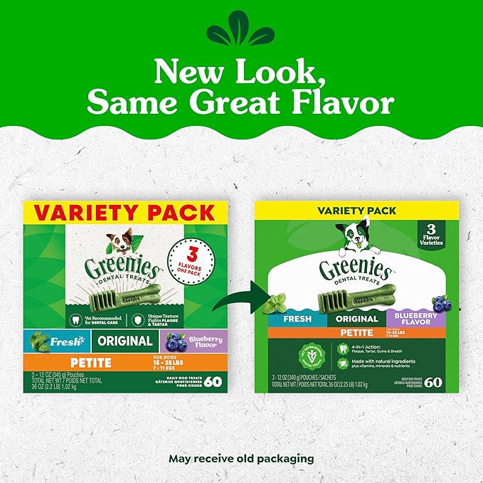 Greenies Veterinarian-Recommended Adult Natural Dental Dog Treats Petite Size, Variety Pack Flavor, (3) 12 oz. Packs, 60 Count