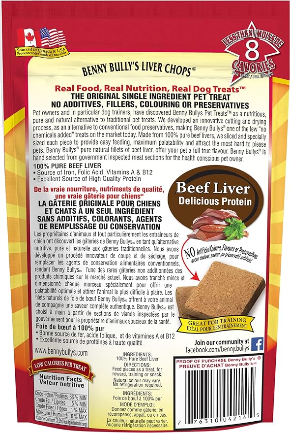 BENNY BULLYS Chops Beef Liver Dog Treats, Freeze-Dried, Low Fat, High Energy & Nutrient Rich Food for Your Furry Friend, All Natural Ingredients, 40g - Entry