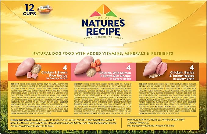 Nature's Recipe Chicken, Salmon and Turkey Recipes Variety Pack Wet Dog Food, 12-2.75 oz. Cups, 2 Count (Pack of 2)