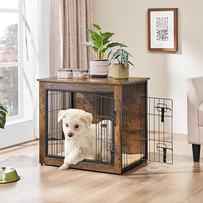 Yaheetech 27.5 Inch Dog Crate Furniture with Cushion, Wooden Dog Kennel with Double Door Side End Table with Adjustable Feet for Small Medium Dogs
